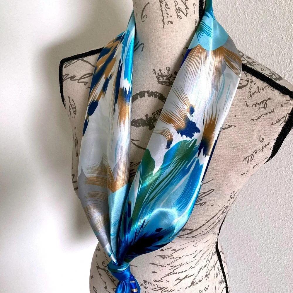 Oversized Square Blue Floral Satin Scarf Head Neck Hair boho Tropical Wrap 💖